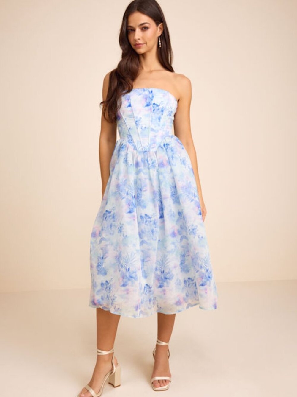 Lulus Eulalia Light Blue Floral Lace-up Strapless Bustier Midi Dress